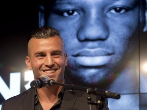 David Lemieux speaks to the media during a news conference, Wednesday, May 13, 2015 in Montreal. Lemieux will fight Hassan N'Dam for the vacant IBF world middleweight championship June 20, 2015 at the Bell Centre in Montreal.