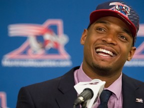 New Alouette Michael Sam flashes smile during his first news conference in Montreal on May 26, 2015 after signing a two-year contract with the CFL team.