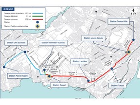 Route map of light-rail transit system linking the Dorval airport to downtown Montreal, Fairview Pointe-Claire and the South Shore (although that part of the route is not shown in this map). The West Island LRT system was proposed by Aéroports de Montréal officials on May 19, 2015 during a presentation to Quebec's public finance's committee, which is holding public hearings on Bill 38, Quebec's new infrastructure legislation.