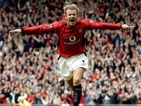 David Beckham celebrates a win for Manchester United in 2003. “The rise of football across the world coincided with those guys being so good,” filmmaker Gabe Turner says of the players profiled in The Class of ’92.