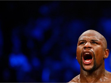 Floyd Mayweather Jr. reacts after the welterweight unification championship bout on May 2, 2015 at MGM Grand Garden Arena in Las Vegas, Nevada.