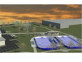 Illustration of the two dek - ball hockey - rinks that will be built at the Excellent Ice 3on3 rink facility in Kirkland.