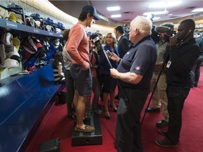 Canadiens forward Max Pacioretty stands on a box as he talks with reporters in Brossard on May 14, 2015 as players cleaned out their lockers after being eliminated by the Tampa Bay Lightning in the playoffs.