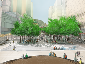 This illustration was 
presented with Projet Montréal's 2015 vision for a revitalized Ste-Catherine St. It shows the view of a reconfigured McGill College Ave.