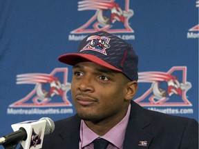 Newly-signed Montreal Alouettes defensive end Michael Sam listens to a question as he meets the media at a press conference in Montreal on Tuesday, May 26, 2015.