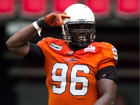 Defensive-lineman Khalif Mitchell, shown here saluting after making a tackle with the B.C. Lions, is now a member of the Alouettes.