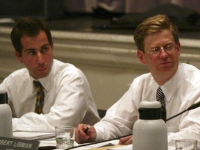 Question period at borough council of Côte-St-Luc/Hampstead/Montreal West in 2005:  L-r Anthony  Housefather, borough councillor, and Robert Libman, Borough Mayor.