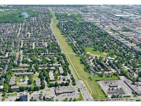 MONTREAL, QC - Aerial photo taken in 2014 of Hydro Quebec servitude in Dollard-des-Ormeaux. The location is the proposed site for a power line reconstruction project. The $100-million project will see 3 kms of 315 kilavolt (kV) line go up between a substation on Sources Blvd. to the another substation on St-Jean Blvd. The St-Jean substation (bottom left corner) will also be upgraded as part of the project, which could start as early as 2017. The high voltage line will be located in the servitude that runs along side Blvd. de Salaberry. Courtesy of Hydro Quebec.