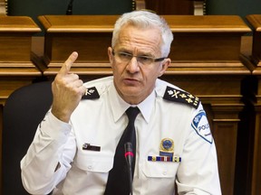 Police chief Marc Parent, seen here testifying before a public security commission at Montreal City Hall, on Monday, December 8, 2014.