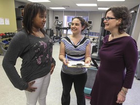 Sixteen-year-old Loveline Bédard with kinesiologist Annie Vincelette (centre) and endocrinologist Dr. Mélanie Henderson, at the Ste-Justine Hospital's Centre CIRCUIT clinic.