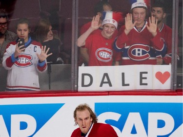 Fans cheer for Montreal Canadiens right wing Dale Weise during the pre-game skate NHL semifinal action against the Tampa Bay Lightning at the Bell Centre in Montreal on Friday May 1, 2015.