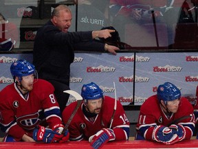 Canadiens head coach Michel Therrien shouts instructions during Game 1 of Eastern Conference semifinal series against the Tampa Bay Lightning at the Bell Centre on May 1, 2015.  The Lightning won 2-1 in overtime.