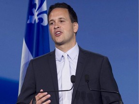 PQ leadership hopeful Alexandre Cloutier, speaks to delegates prior to vote count in Quebec City on Friday May 15, 2015.