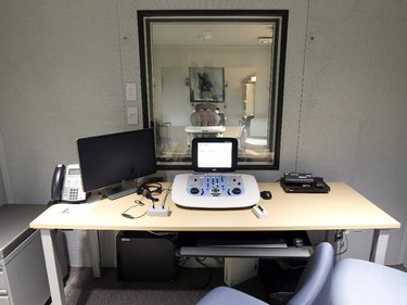 An audiologist's testing station in the audiology department the new Montreal Children's Hospital at the Glen Site in Montreal Thursday May 21, 2015.  The patient sits in a sound-proof room on the other side of the glass.