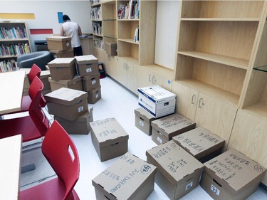 Boxes to be unpacked in the Family Resource Centre at the new Montreal Children's Hospital at the Glen Site in Montreal Thursday May 21, 2015 prior to this weeked's move from the current Tupper St. location .