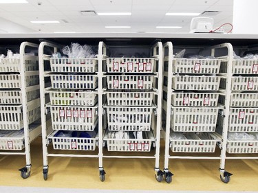 Supply carts stored under a counter in the ERd of the new Montreal Children's Hospital at the Glen Site in Montreal.