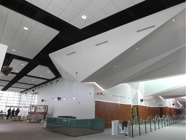 General view of the lobby, left, and hallway in Dorval's new sports centre.