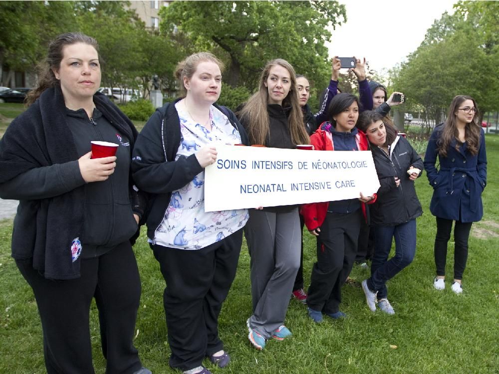 Nurses Gather One Last Time Outside Old Montreal Children S Hospital   Montreal Que May 24 2015 Nurses From A Neonatal Inten 