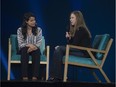 Chelsea Clinton right, answers questions from Nadia Lakhdari during the C2MTL conference in Montreal on Thursday, May 28, 2015.