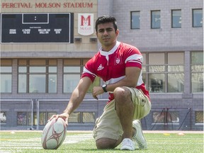 McGill student Humza Turab on the main field at Molson Stadium on Friday May 29, 2015. He has suffered several concussions playing rugby which have actually delayed his studies by a year.