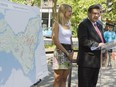 Montreal mayor Denis Coderre, right, and councillor Elsie Lefebvre, announce updated bicycle strategy for the city of Montreal on Friday May 29, 2015.