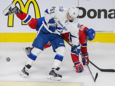 Canadiens defenceman P.K. Subban, rear, collides with Tampa Bay Lightning center Valtteri Filppula, front, as they fight for the puck during the first period of game two of their NHL eastern conference semi-final hockey series at the Bell Centre in Montreal on Sunday, May 3, 2015.