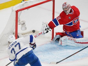 Habs goalie Carey Price is scored on by Tampa Bay Lightning defenseman Victor Hedman during the second period at the Bell Centre on Sunday, May 3, 2015.