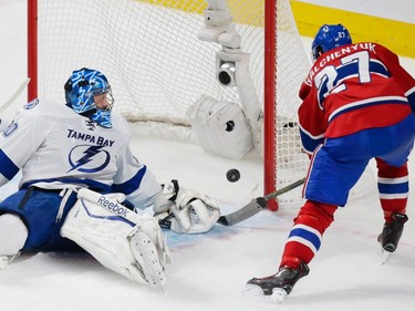 MONTREAL, QUE.: MAY 9, 2015 -- Montreal Canadiens center Alex Galchenyuk, right, misses a shot against Tampa Bay Lightning goalie Ben Bishop, left, during the second period of game five of their NHL Eastern Conference semifinal series at the Bell Centre in Montreal on Saturday, May 9, 2015. (Dario Ayala / Montreal Gazette)