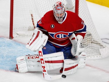 MONTREAL, QUE.: MAY 9, 2015--  Montreal Canadiens goalie Carey Price makes a save against the Tampa Bay Lightning during NHL Eastern Conference semifinal action in Montreal on Saturday May 9, 2015.  (Allen McInnis / MONTREAL GAZETTE)