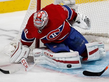 MONTREAL, QUE.: MAY 9, 2015--  Montreal Canadiens goalie Carey Price makes a save against the Tampa Bay Lightening during NHL Eastern Conference semifinal action in Montreal on Saturday May 9, 2015. The Canadiens won the game 2-1. (Allen McInnis / MONTREAL GAZETTE)