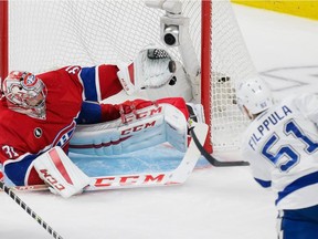 Canadiens goalie Carey Price makes glove save against the Tampa Bay Lightning's Valtteri Filppula during  third period of Game 5 of Eastern Conference semifinal series at the Bell Centre on May 9, 2015. The Canadiens won 2-1.