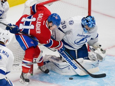 MONTREAL, QUE.: MAY 9, 2015 -- Montreal Canadiens right wing Brendan Gallagher, left, attempts a shot against Tampa Bay Lightning goalie Ben Bishop, right, during the first period of game five of their NHL Eastern Conference semifinal series at the Bell Centre in Montreal on Saturday, May 9, 2015. (Dario Ayala / Montreal Gazette)