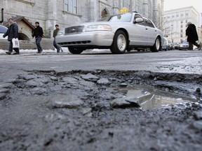 Motorists steer past a pothole on a Montreal street. In the last few years, the city has steadily increased its spending to repair and improve roads and water infrastructure. In 2015, it spent a record $445 million, and expects to pay out a similar amount in 2016.