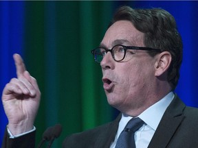 Pierre Karl Péladeau makes a point during the final Parti Québécois leadership debate in Montreal on Thursday, May 7, 2015.
