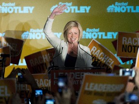 NDP leader Rachel Notley speaks on stage after being named Alberta's new Premier in Edmonton on Tuesday, May 5, 2015.