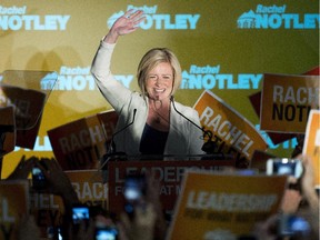 NDP leader Rachel Notley speaks on stage after being named Alberta's new Premier in Edmonton on Tuesday, May 5, 2015.