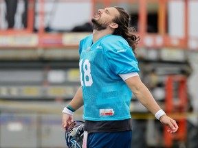 Quarterback Jonathan Crompton takes to the field during the Montreal Alouettes training camp at Bishop's University in Lennoxville on Sunday, May 31, 2015.
