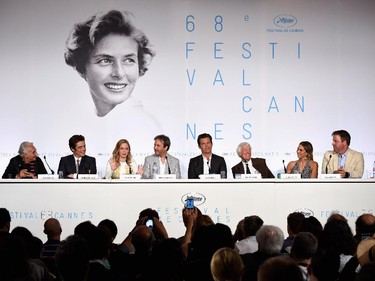 Henri Behar (from left), Benicio Del Toro, Emily Blunt, director Denis Villeneuve, Josh Brolin, cinematographer Roger Deakins, and producers Molly Smith and producer Basil Iwanyk attend the press conference for Sicario during the 68th annual Cannes Film Festival on May 19, 2015 in Cannes, France.