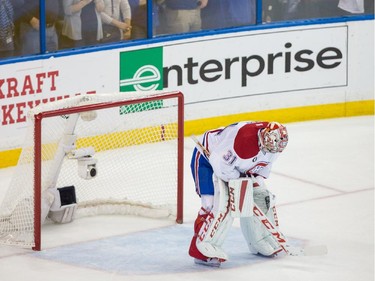 Montreal Canadiens goalie Carey Price reacts after being scored on by Tampa Bay Lightning left wing Ondrej Palat, not pictured, during the second period of Game 6 of their NHL Eastern Conference semifinal series at Amalie Arena in Tampa, Fla., on Tuesday, May 12, 2015.
