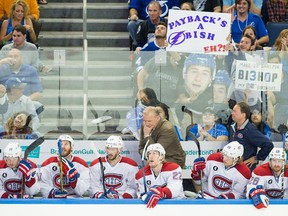Canadiens head coach Michel Therrien and players watch as their season comes to an end during the third period of Game 6 of the Eastern Conference semifinal against the Lightning at  Amalie Arena in Tampa, Fla., on May 12, 2015.  The Canadiens lost the game 4-1.