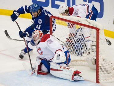 Tampa Bay Lightning centre Brian Boyle attempts a shot against Montreal Canadiens goalie Carey Price  during the first period of Gme 6 of their NHL Eastern Conference semifinal series at Amalie Arena in Tampa, Fla., on Tuesday, May 12, 2015.