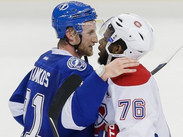 Tampa Bay Lightning centre Steven Stamkos hugs Montreal Canadiens defenceman P.K. Subban after the Lightning eliminated the Montreal Canadiens from the playoffs in Game 6 of their NHL Eastern Conference semifinal series at Amalie Arena in Tampa, Fla. on Tuesday, May 12, 2015.