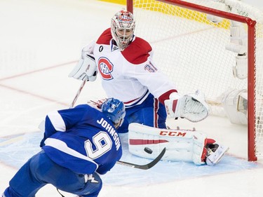 Tampa Bay Lightning centre Tyler Johnson attempts a shot against Montreal Canadiens goalie Carey Price during the third period of Game 6 of their NHL Eastern Conference semifinal series at Amalie Arena in Tampa, Fla., on Tuesday, May 12, 2015.