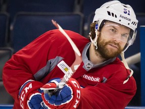 Canadiens centre David Desharnais takes part in an optional team morning skate at Amalie Arena in Tampa on May 6, 2015.