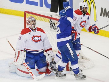 Montreal Canadiens goalie Carey Price, left, and Canadiens defenceman P.K. Subban, right, react after Tampa Bay Lightning centre Tyler Johnson, centre, scored the game-winning goal in the last second of play of the third period of game three of their NHL eastern conference semi-final hockey series at Amalie Arena in Tampa on Wednesday, May 6, 2015. (Dario Ayala / Montreal Gazette)