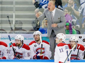Canadiens head coach Michel Therrien yells instructions from the bench during Game 4 of NHL eastern conference semifinal series against the Tampa Bay Lightning on May 7, 2015 at Amalie Arena in Florida.