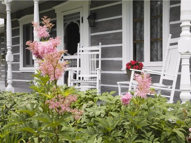 The antique rocking chairs on the veranda make for a nice place to sit and take in the view of the front yard garden through the tall Pink Queen-of-the-Prairie flowers.