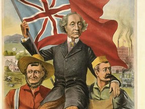 A detail from The Old Flag, The Old Policy, The Old Leader, the iconic image of the election of 1891. Sir John A. Macdonald is hoisted by a farmer on one side and an industrial worker on the other.