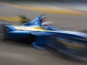 Third placed Sebastien Buemi, from Switzerland, of the E.Dams-Renault team drives his car during the Formula E Berlin ePrix auto race at the former airport Tempelhof, in Berlin, Germany, Saturday, May 23, 2015.