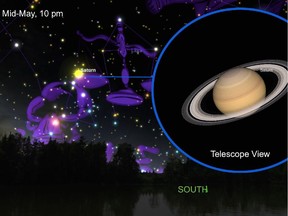 This sky chart shows Saturn rising in the southern sky early evenings in mid-May. The insert shows the telescope view of Saturn titled towards Earth.